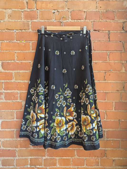 1990s Black Floral Wrap Style Midi Skirt