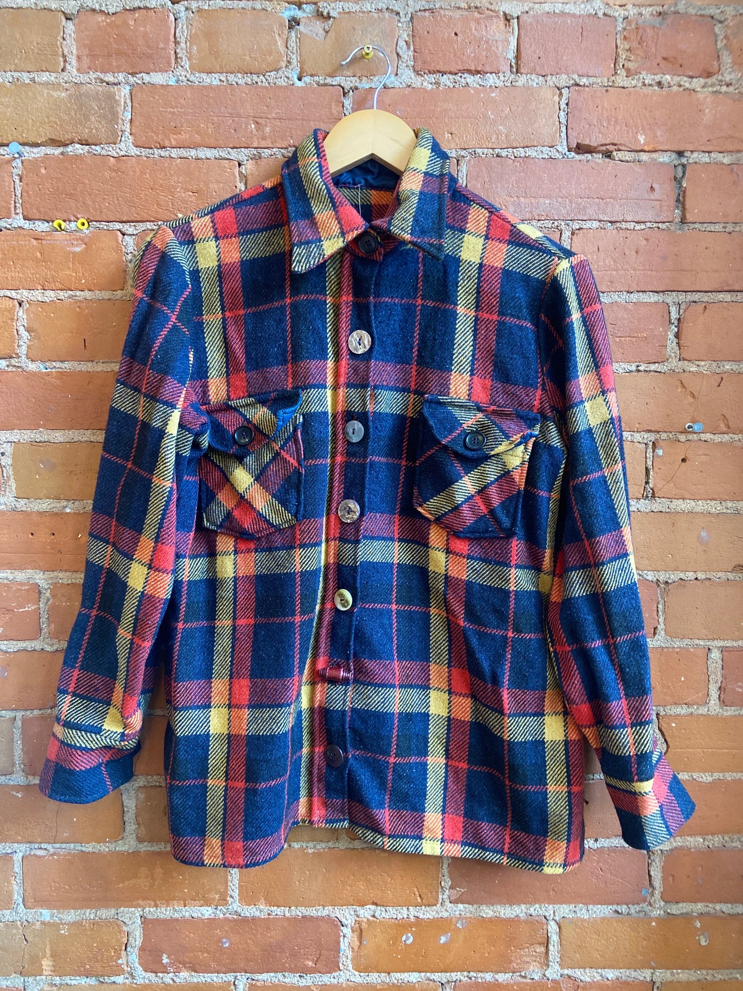 1970s Red, Yellow and Blue Wool Plaid Shacket