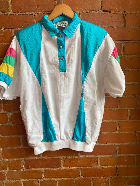 1980s Casual Isle White Polo Shirt With Blue, Yellow, Green and Pink Accents