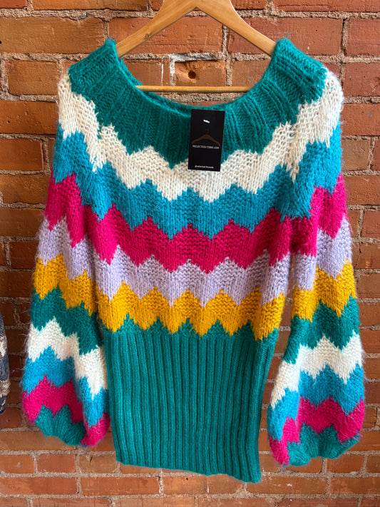 Home Knit Sweater Dress Colourful ZigZag Puff Sleeves