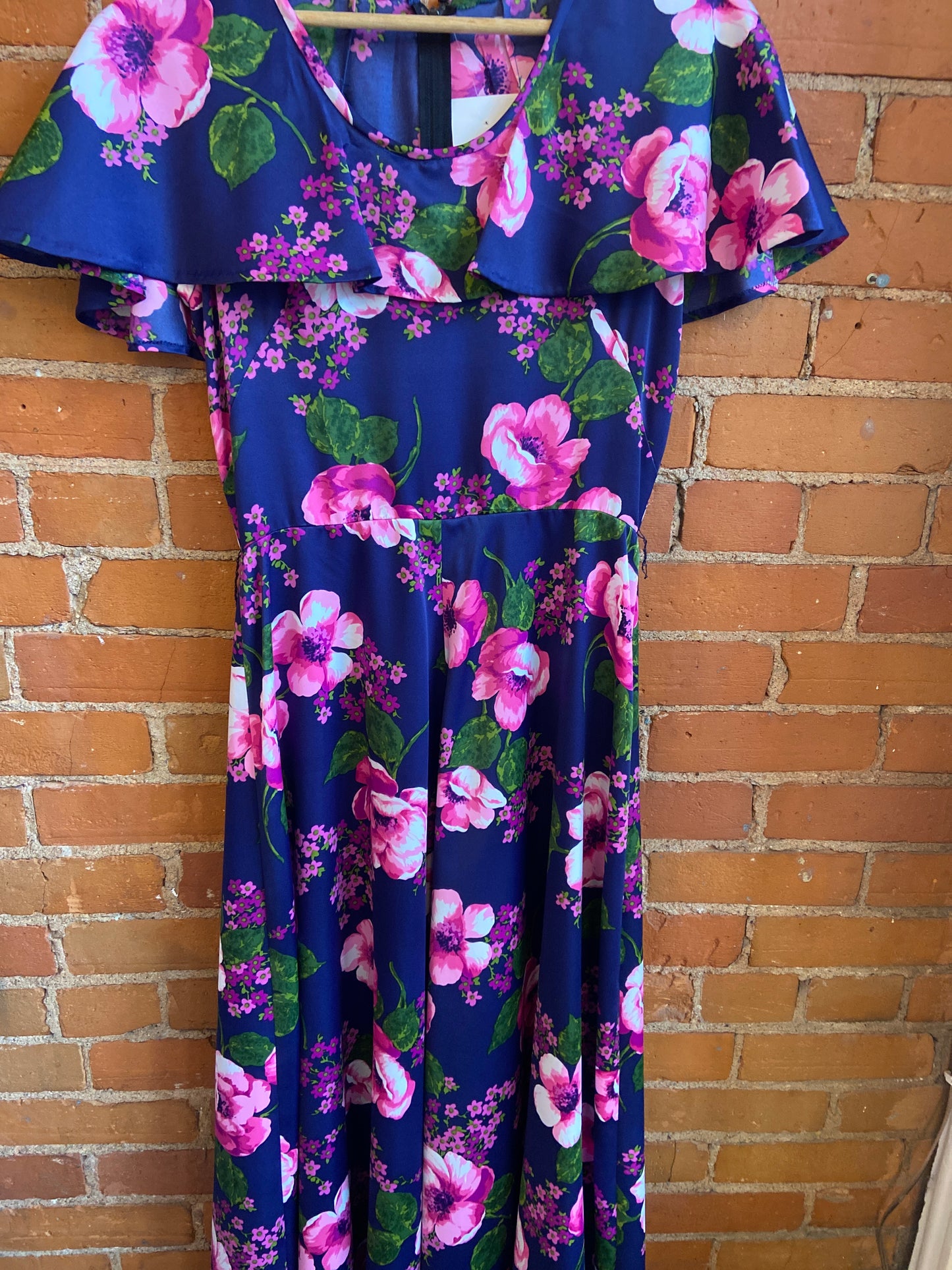 1970s Navy Blue Maxi Dress With Ruffled Neckline and Purple, Pink and Green Floral Print
