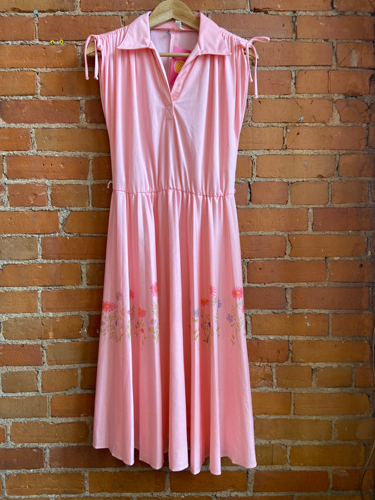 1970s Nancy G Baby Pink Midi Dress With Flower Accents