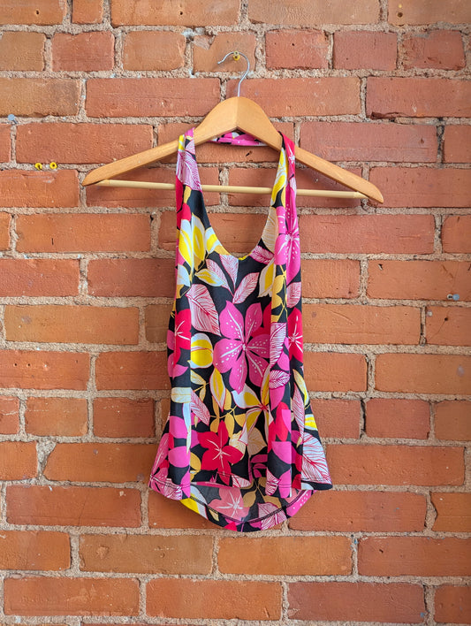 Y2K Suzy Shier Black Halter Top With Pink, Yellow and Red Floral Print