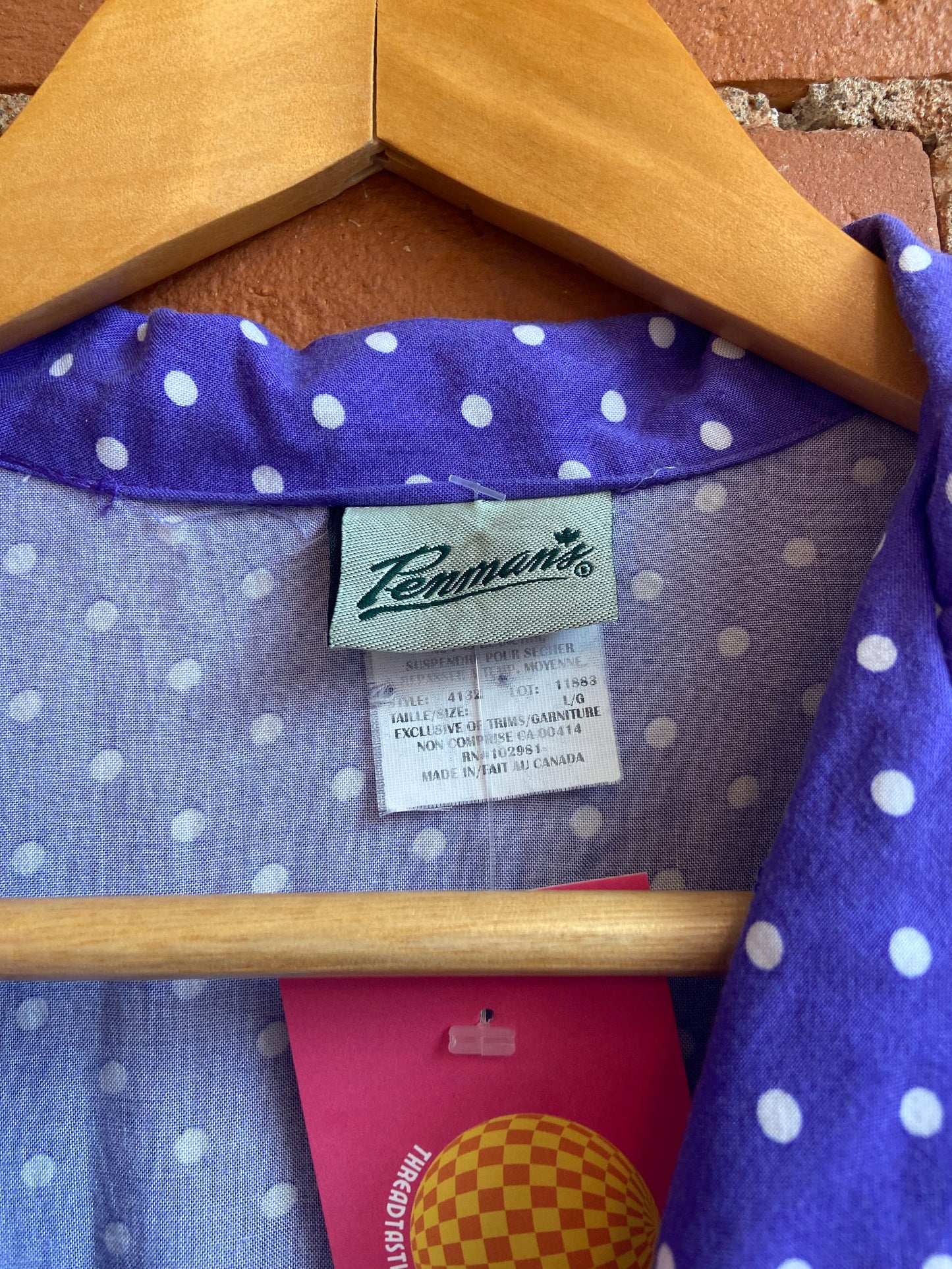 1990s Penmans Purple and White Polka Dot Button Front Shirtdress