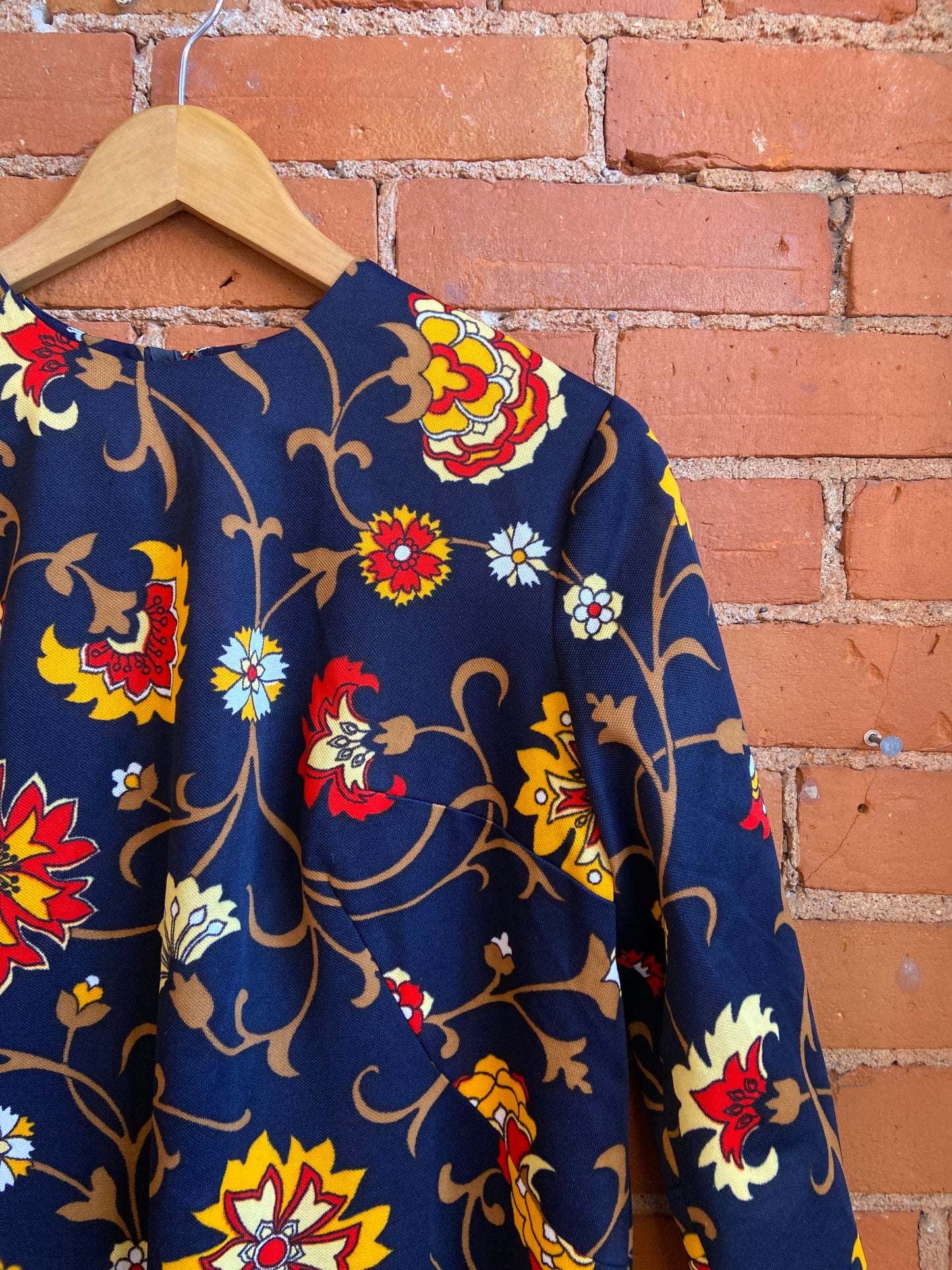 1960s Navy Blue Long Sleeve Dress With Warm-Toned Floral Print