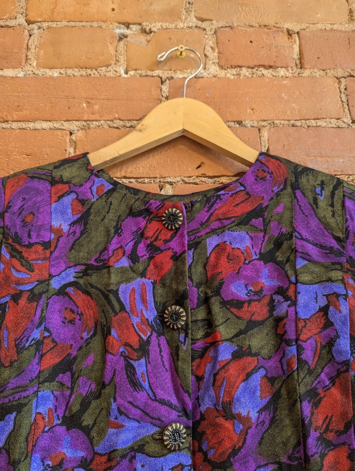 1980s Lai's Dark Purple, Pink, Red and Green Floral Print Dress