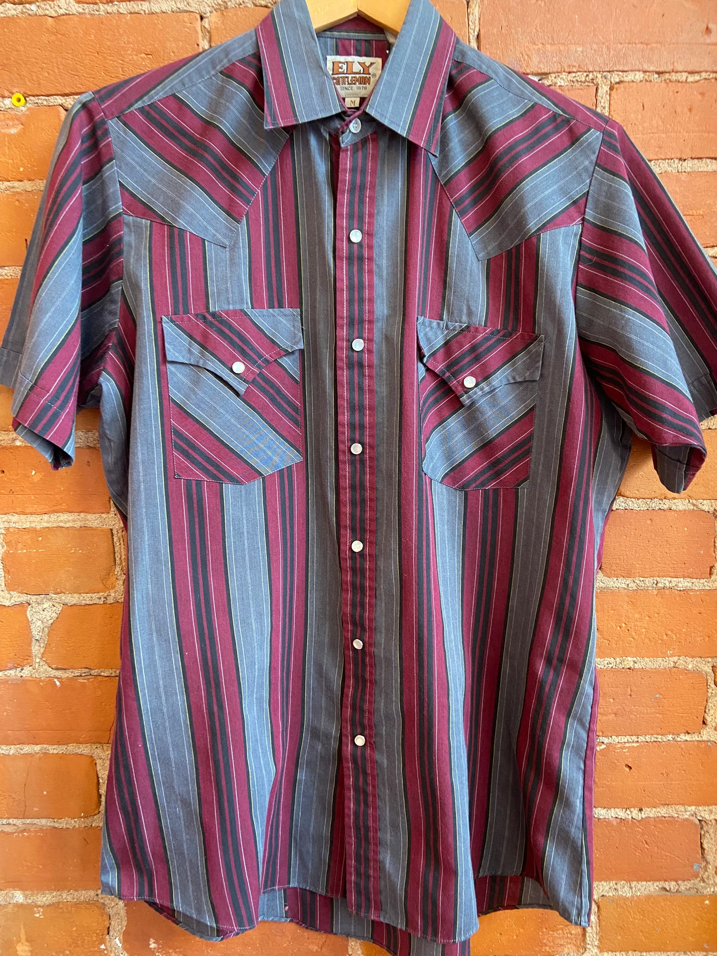 Grey & Burgundy Striped Pearl-Snap Short-Sleeve