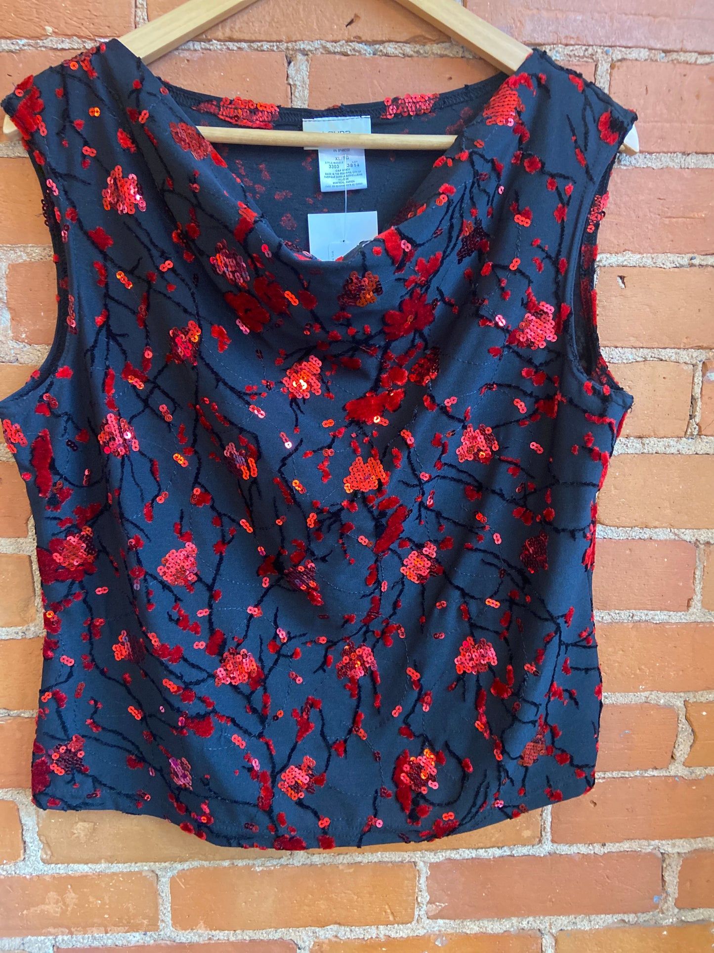 Black & Red Embellished Cowl Neck Tank