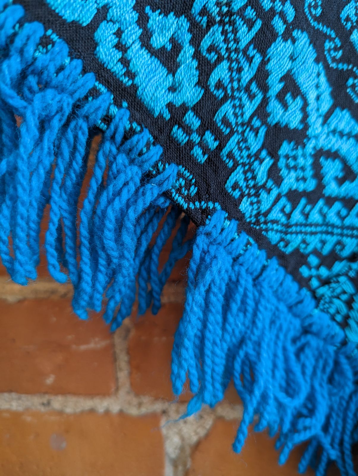 1960s Blue and Black Brocade Poncho With Blue Fringe