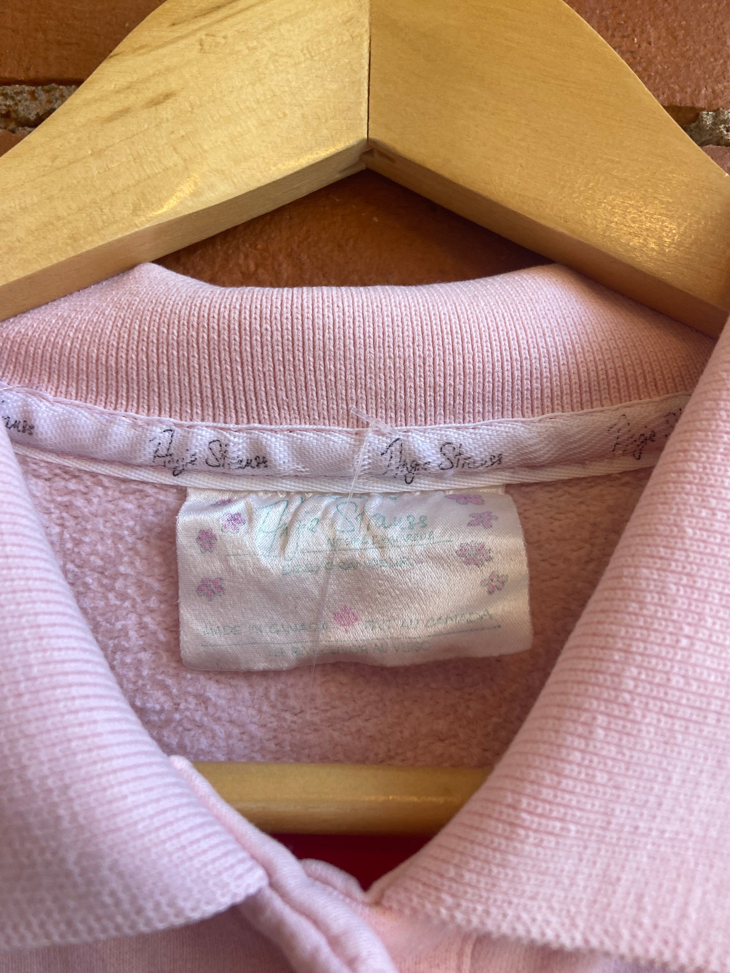 1980s Angie Strauss Baby Pink Collared Sweatshirt With Floral Graphic