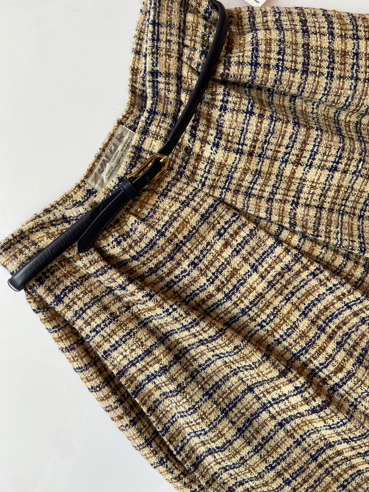 Beige & Navy Wool Plaid Belted Skirt