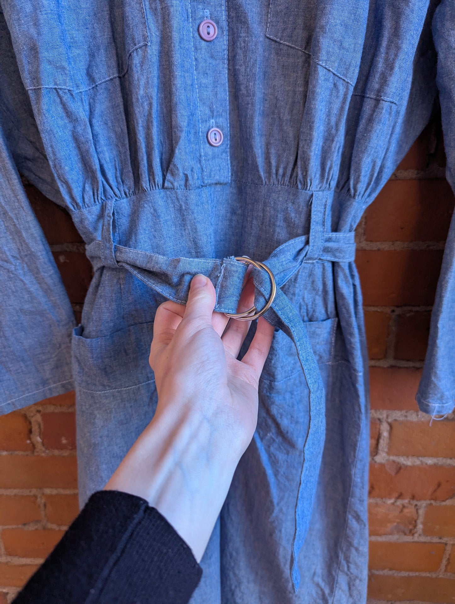 1980s Rampage Blue Chambray Midi Length Shirtdress With Button Back and Belt