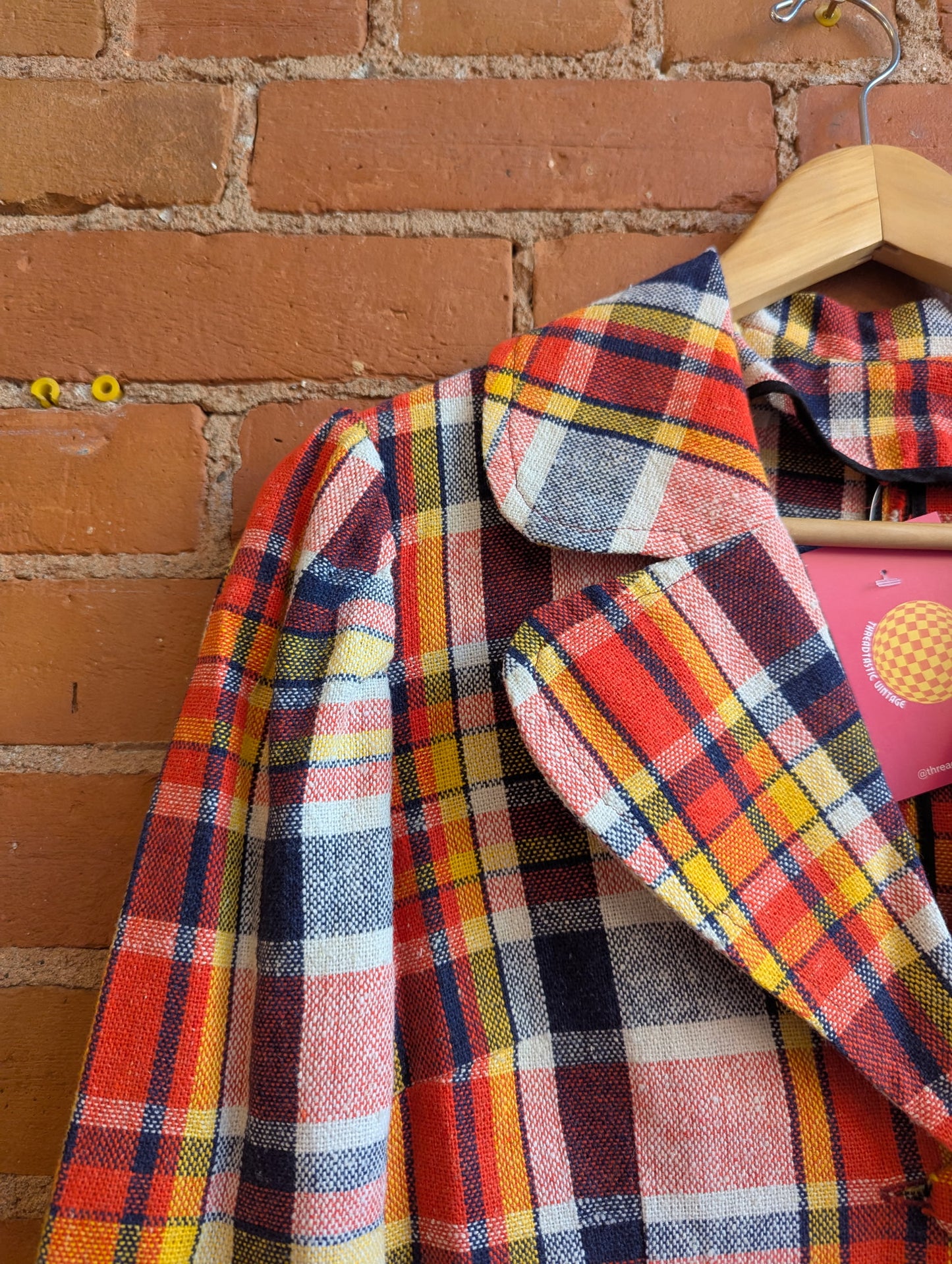 1970s Red, Yellow, Blue and White Plaid Blazer With Dog Eared Collar