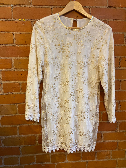 Cream Lace with Glittery Gold Print Dress