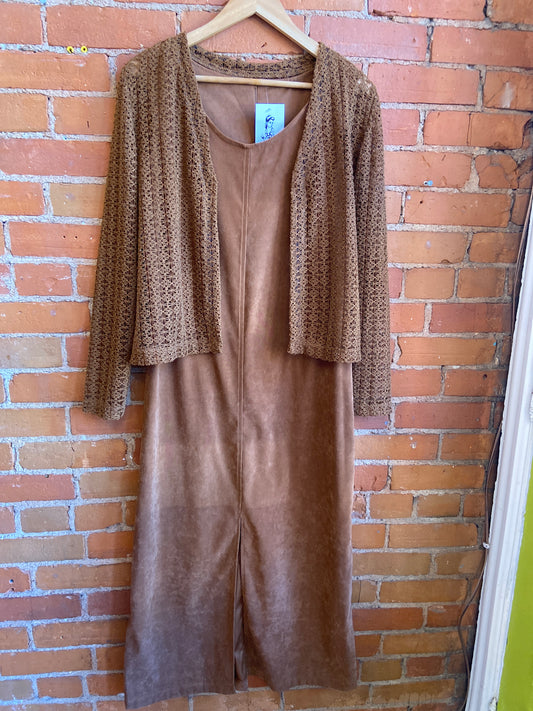 90’s Brown Faux Suede Dress with Crotchet Cardigan