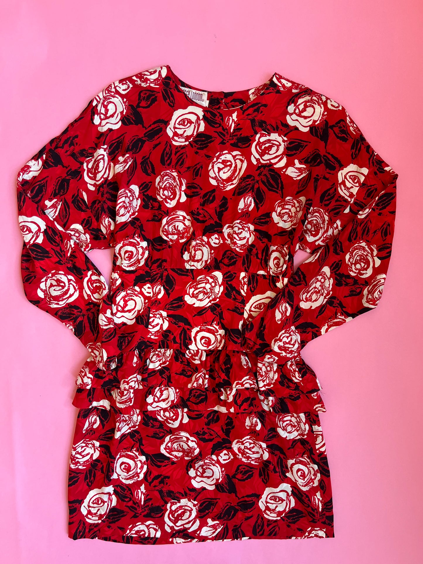 80's Red Silk Rose-Print Dress