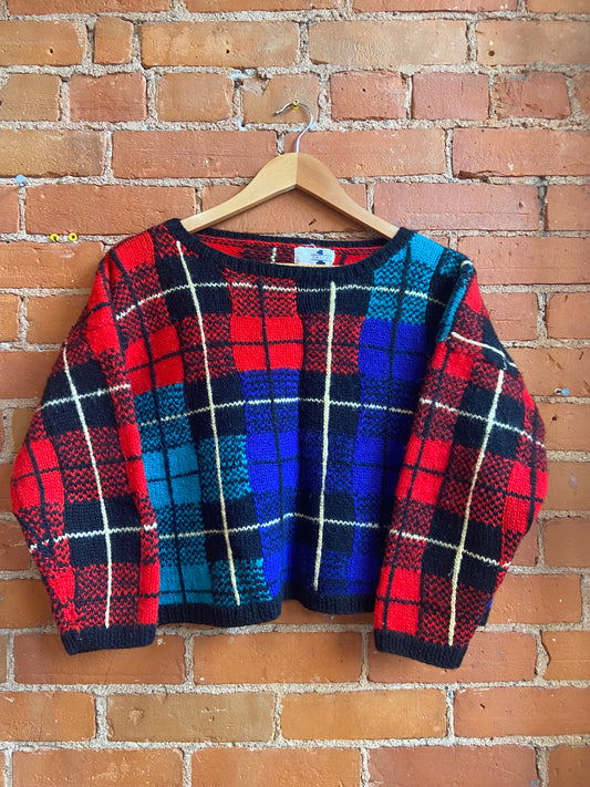 1 by Eaton Cropped Red, Green and Blue Plaid Wool Sweater