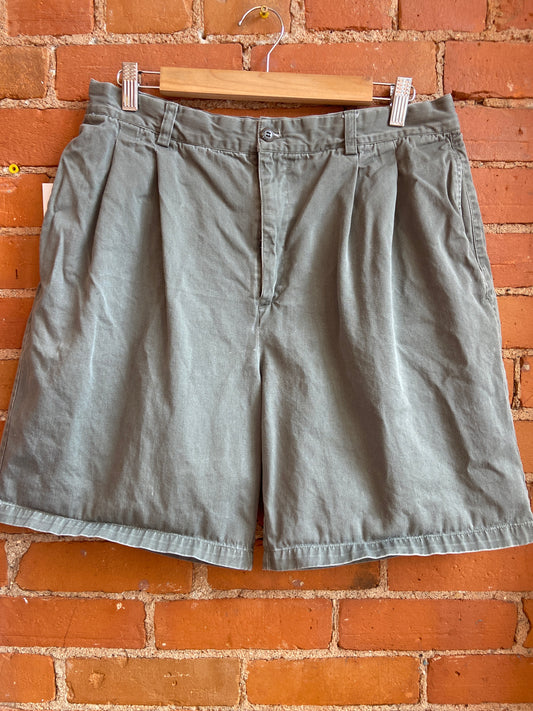 Olive Cotton Pleated Dad Shorts