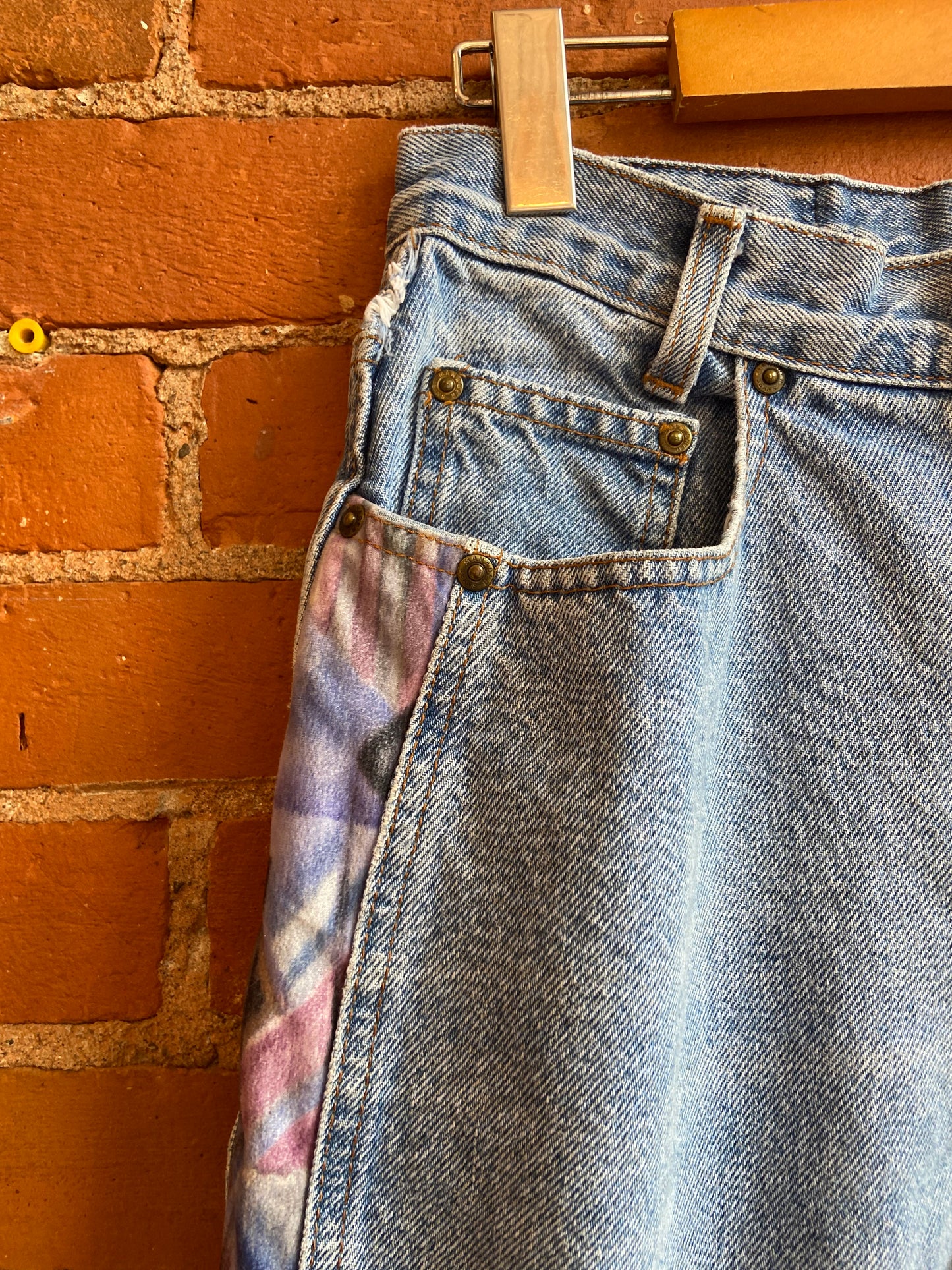 1990s Manager Light Wash, High Rise Jeans With Fuzzy Geometric Print Panels