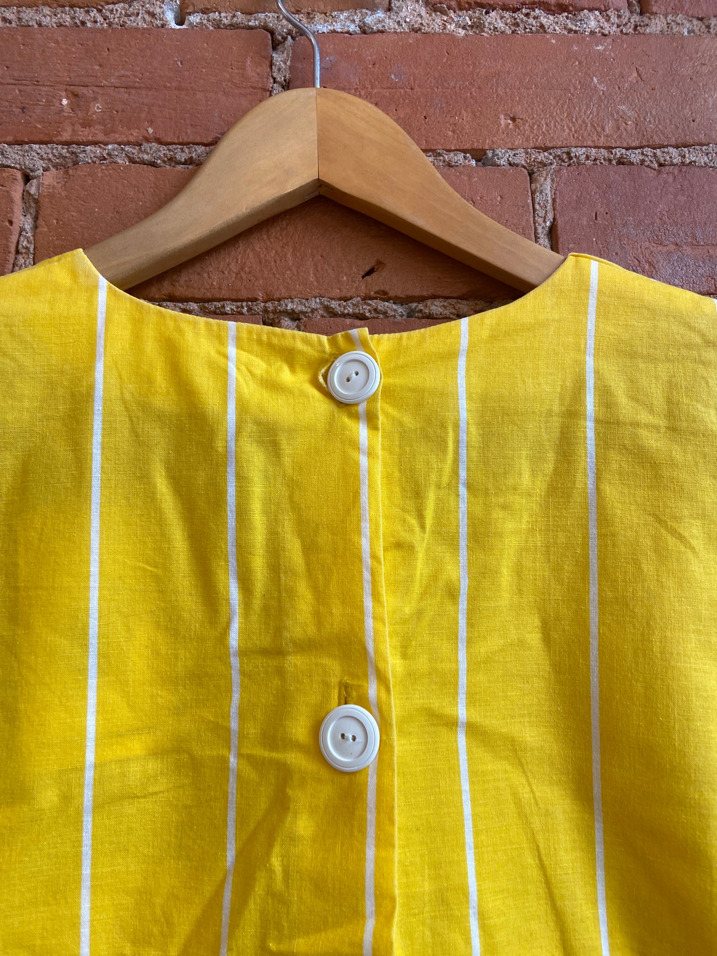 1980s Yellow and White Striped Button-Back Short Sleeve Top