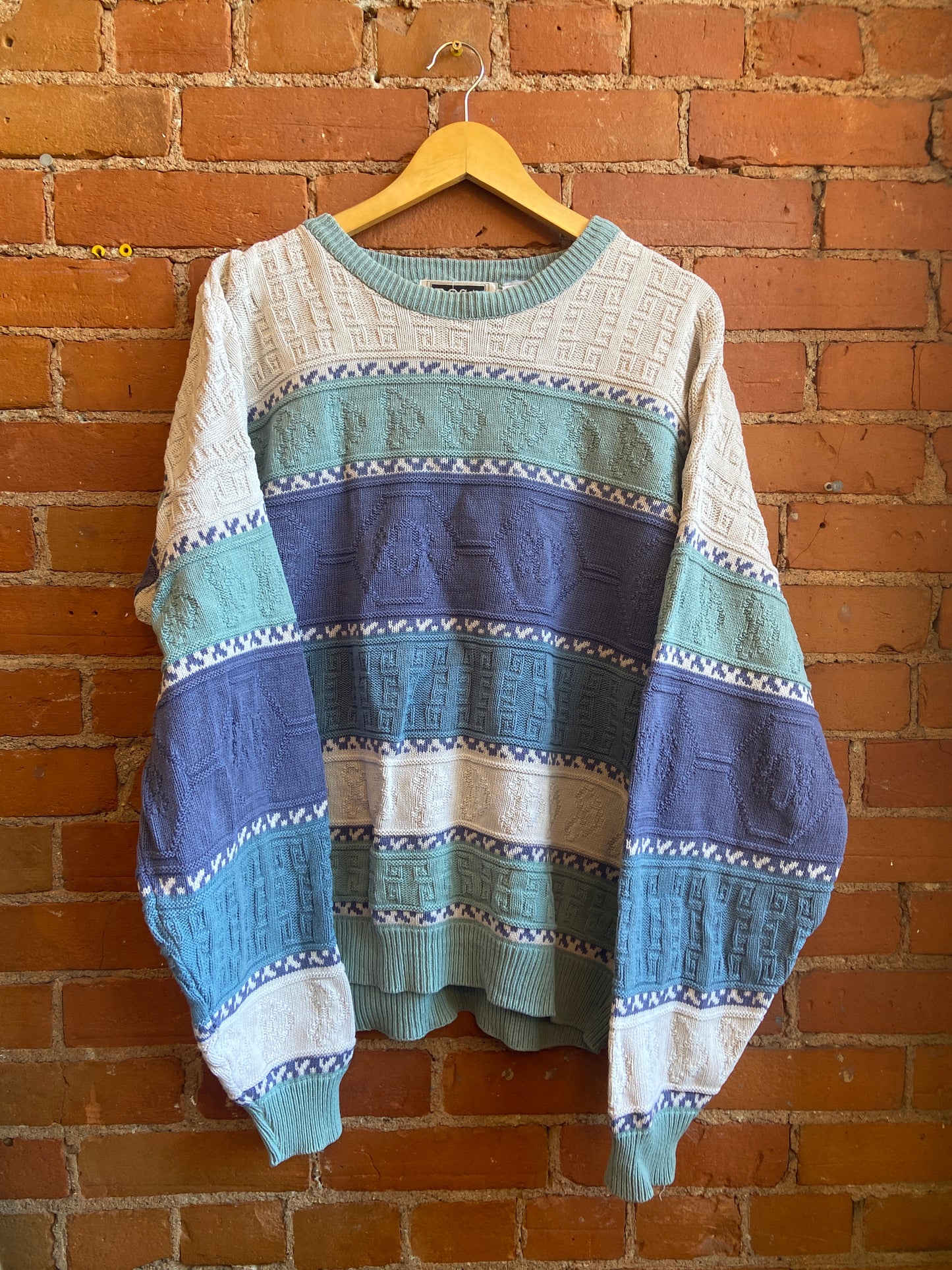 1980s Bosa Blue, Teal, Purple and White Geometric Patterned Cotton Sweater