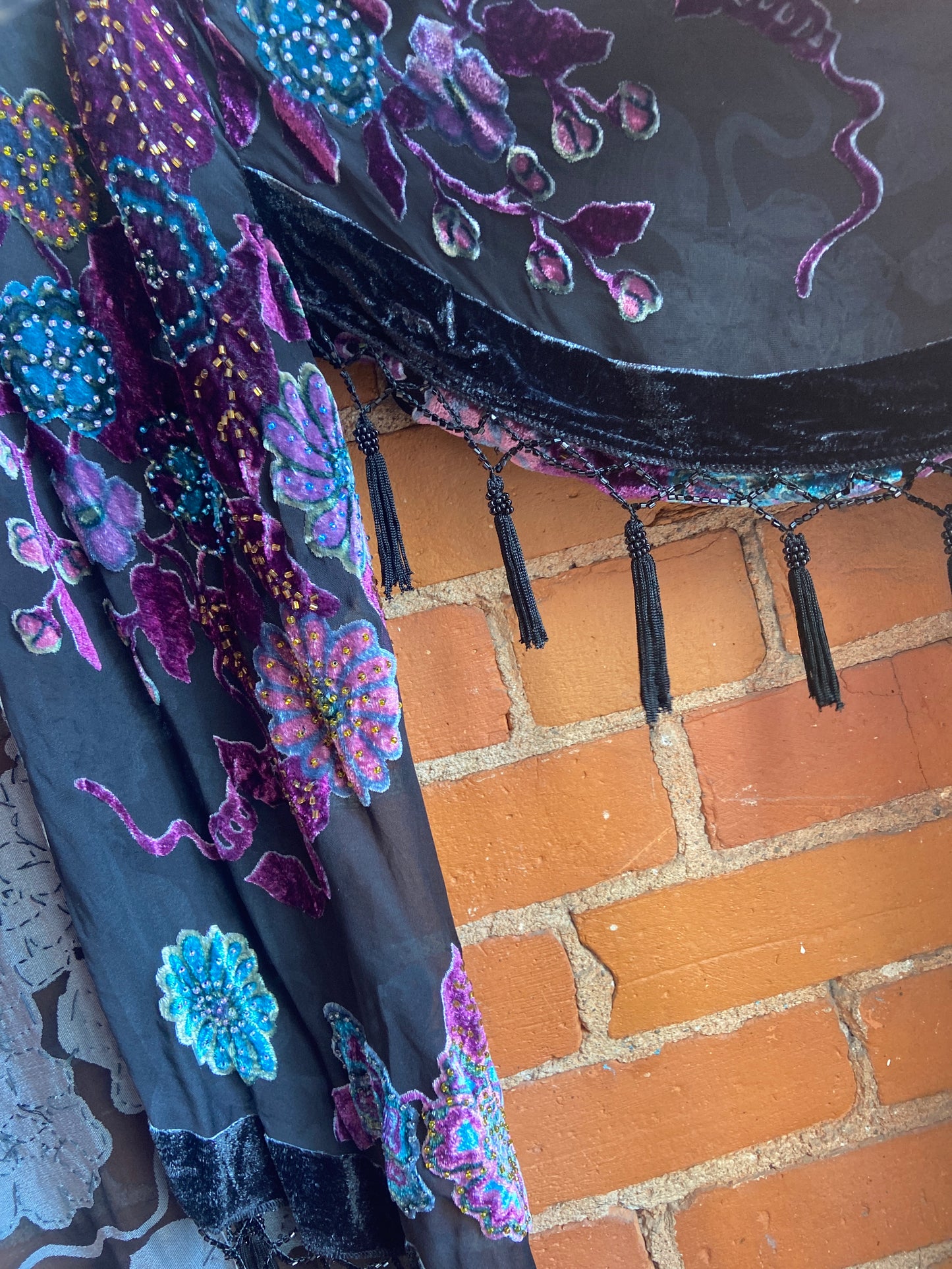 1990s Jinjaio Black Sheer Cardigan With Velvet Burnout Floral Print and Bead and Tassel Accents