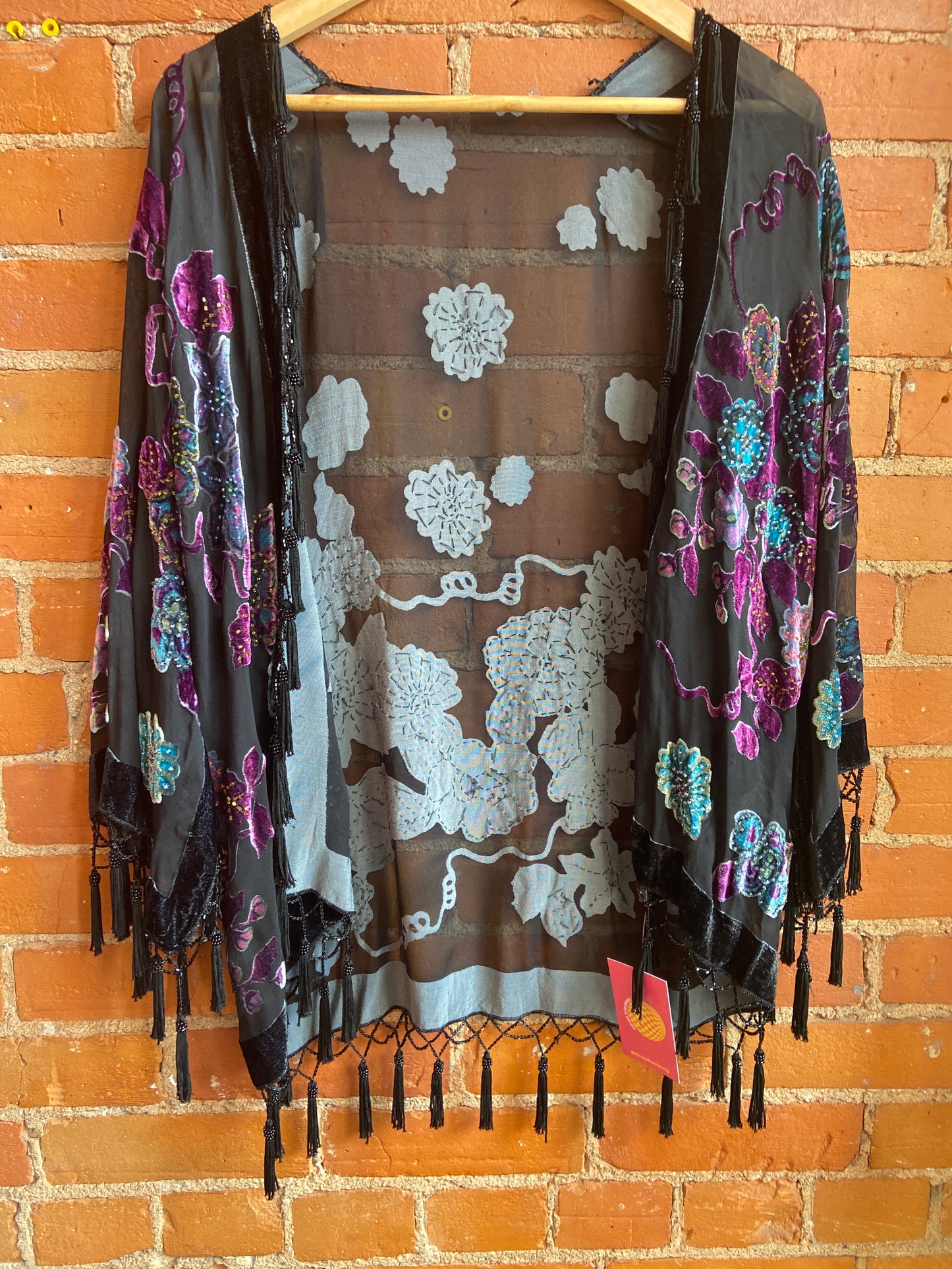 1990s Jinjaio Black Sheer Cardigan With Velvet Burnout Floral Print and Bead and Tassel Accents