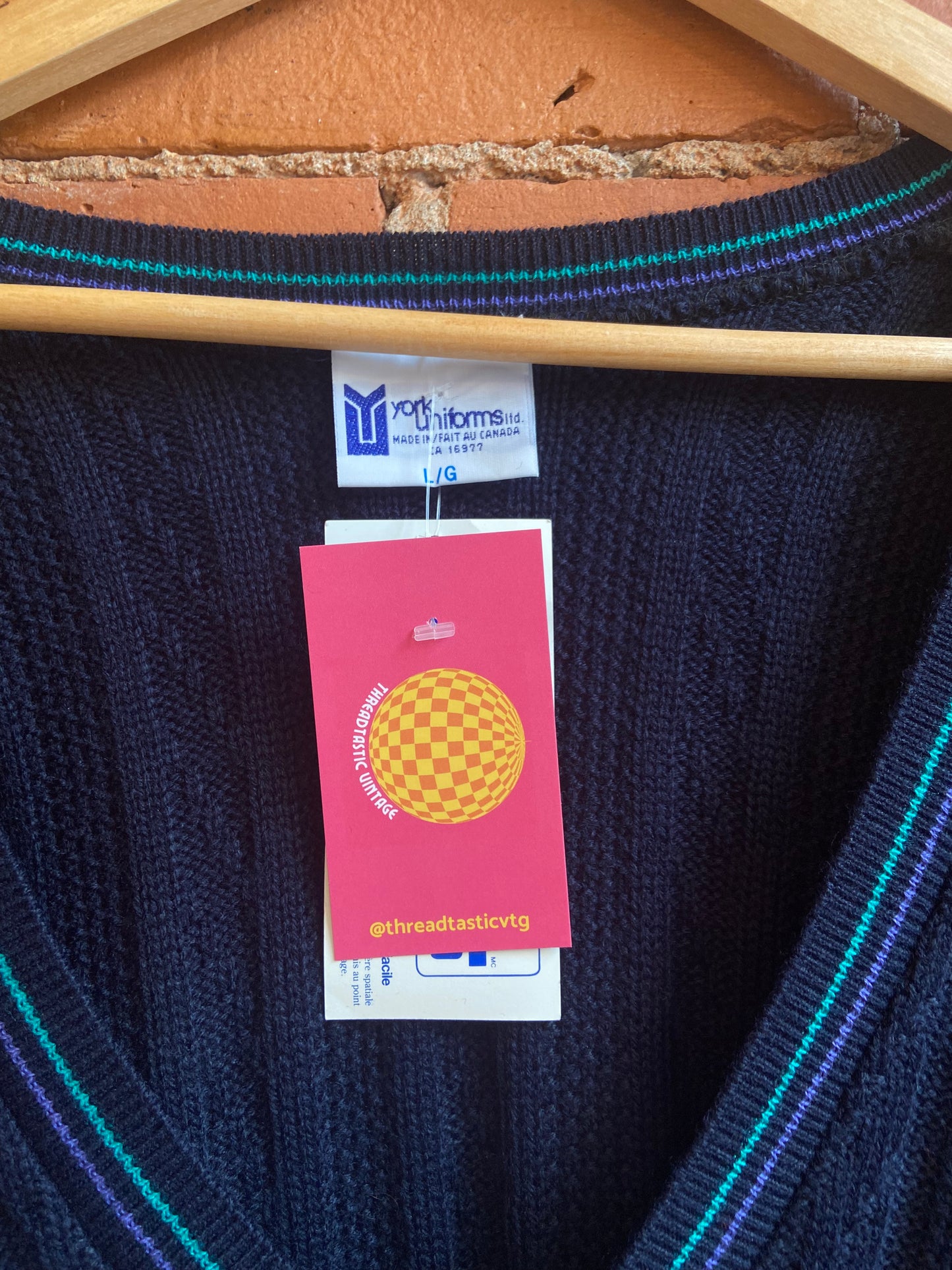 1970s NWT York Uniforms Navy Blue Cardigan With Green and Purple Striped Accents