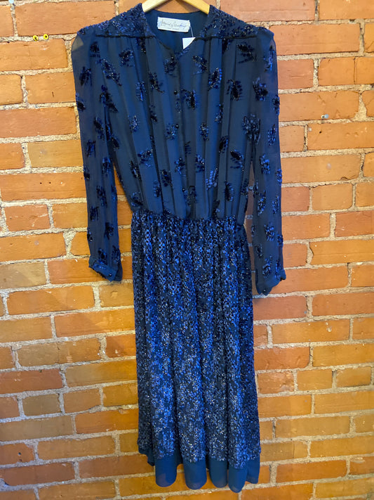 Silk Long Sleeve Navy Blue Dress