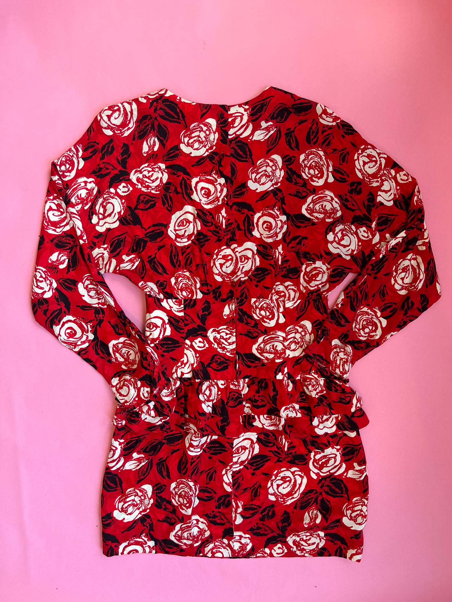 80's Red Silk Rose-Print Dress