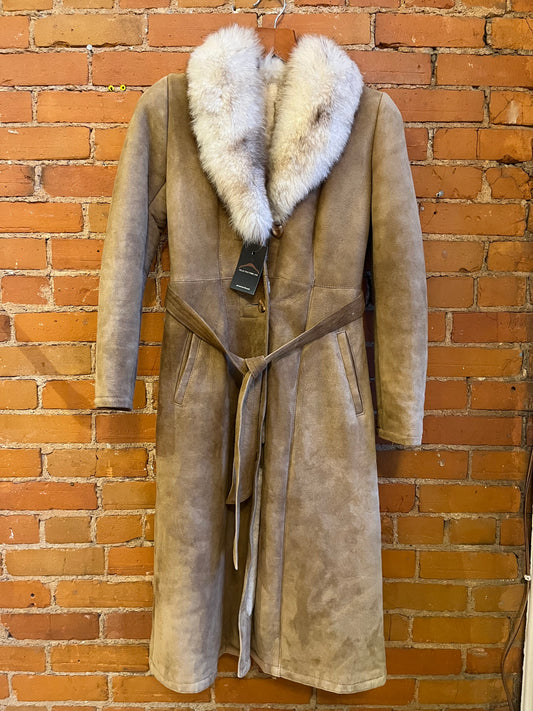 Leather Attic Shearling Fox Fur Collar Belted Coat