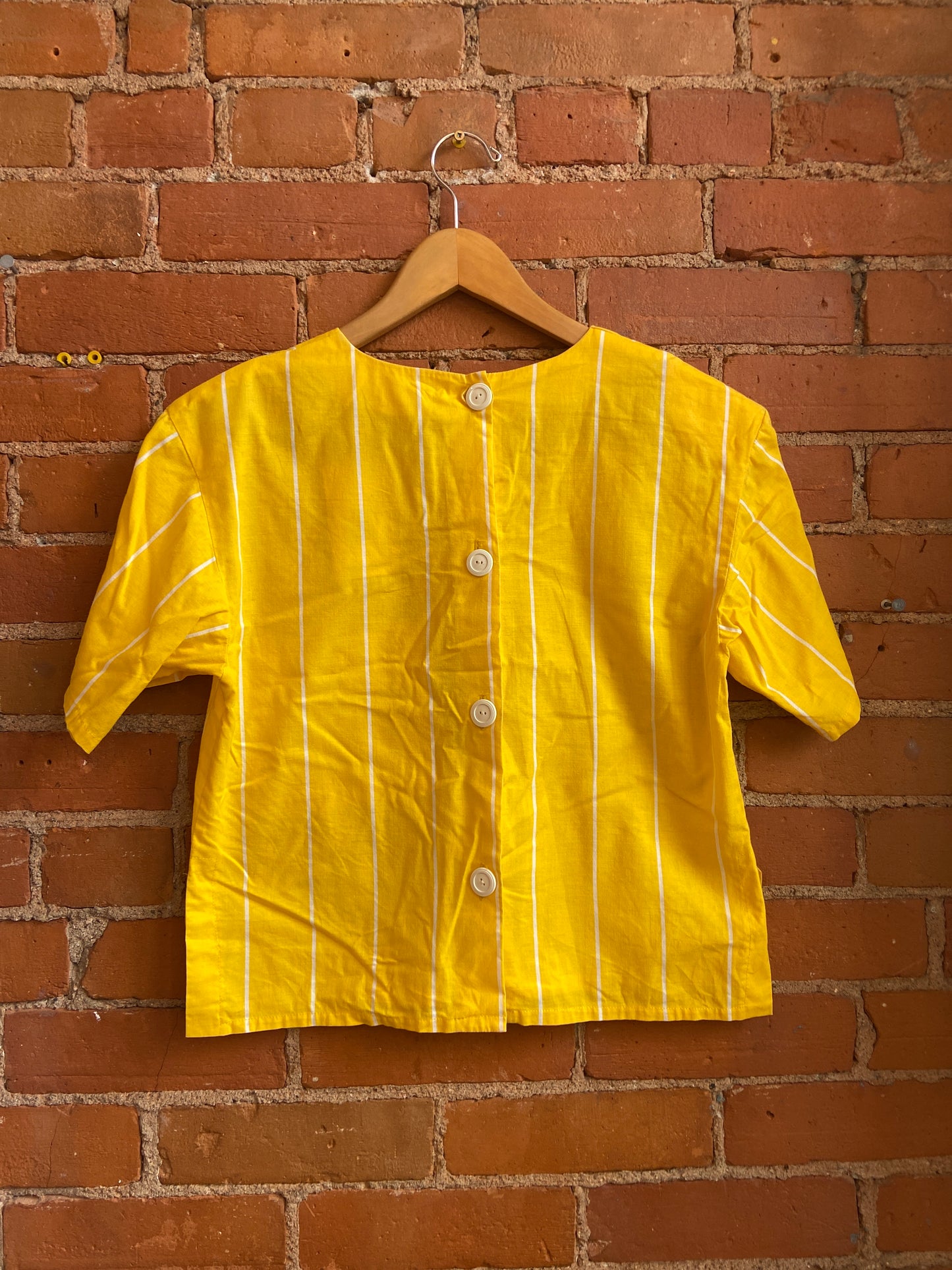 1980s Yellow and White Striped Button-Back Short Sleeve Top