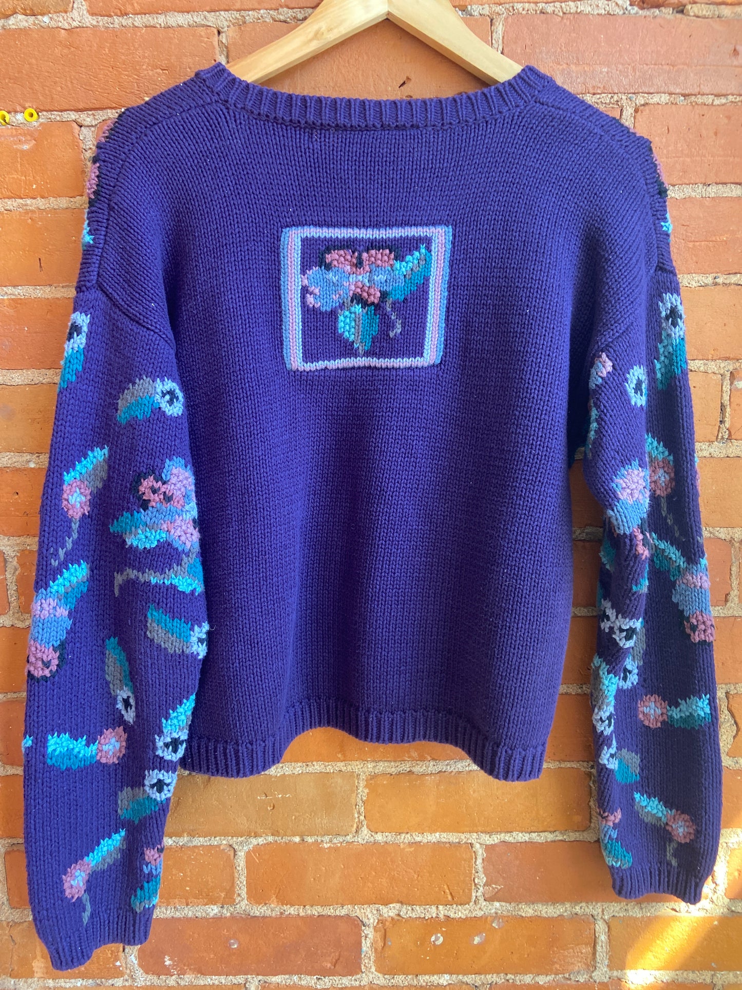 1990s Paris Sport Club Purple Hand-Knit Cardigan With Floral Pattern