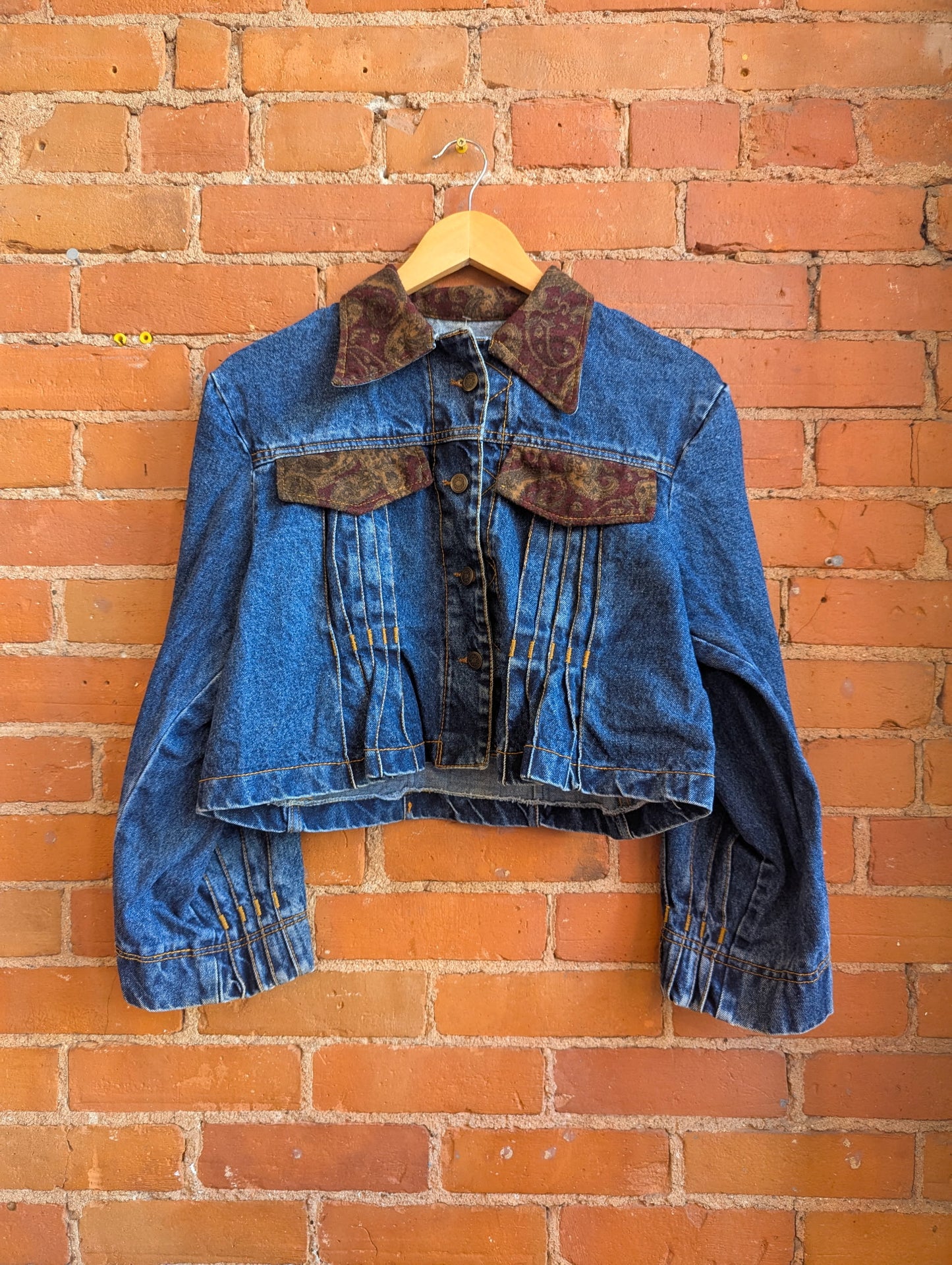 1980s Gitano Cropped Dark Wash Denim Jacket With Brown Paisley Accents