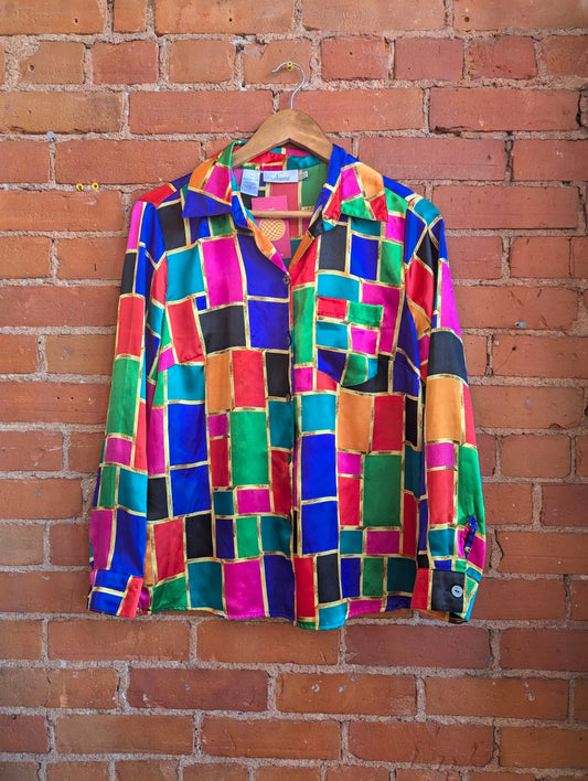 1990s Naomi Colourful Square Print Blouse