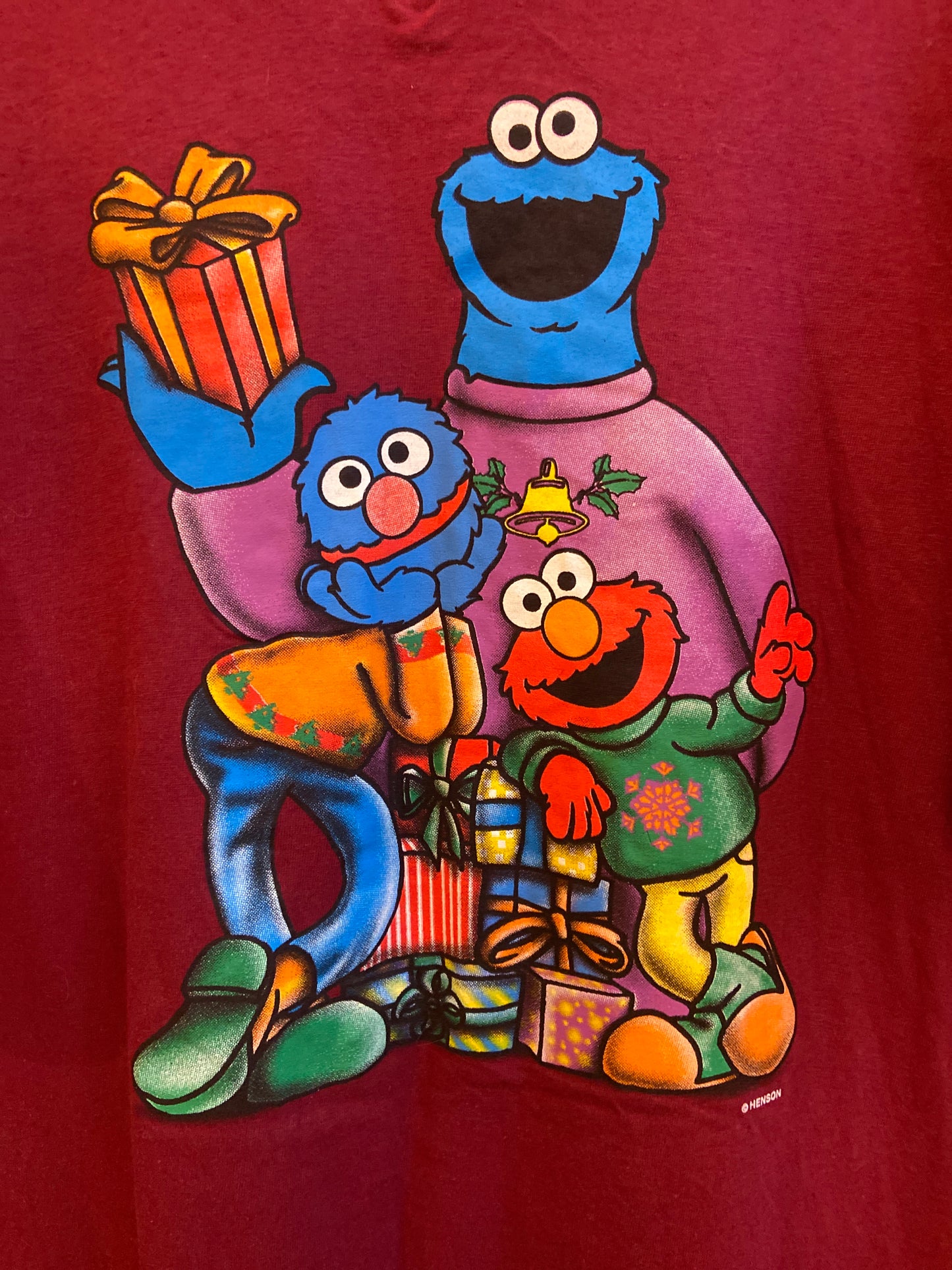 1990s NWT Novel Teez Burgundy Sleep Shirt With Christmas Themed Sesame Street Graphic