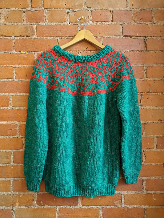 1980s Hand-Knit Red and Green Sweater With Silver Sparkle