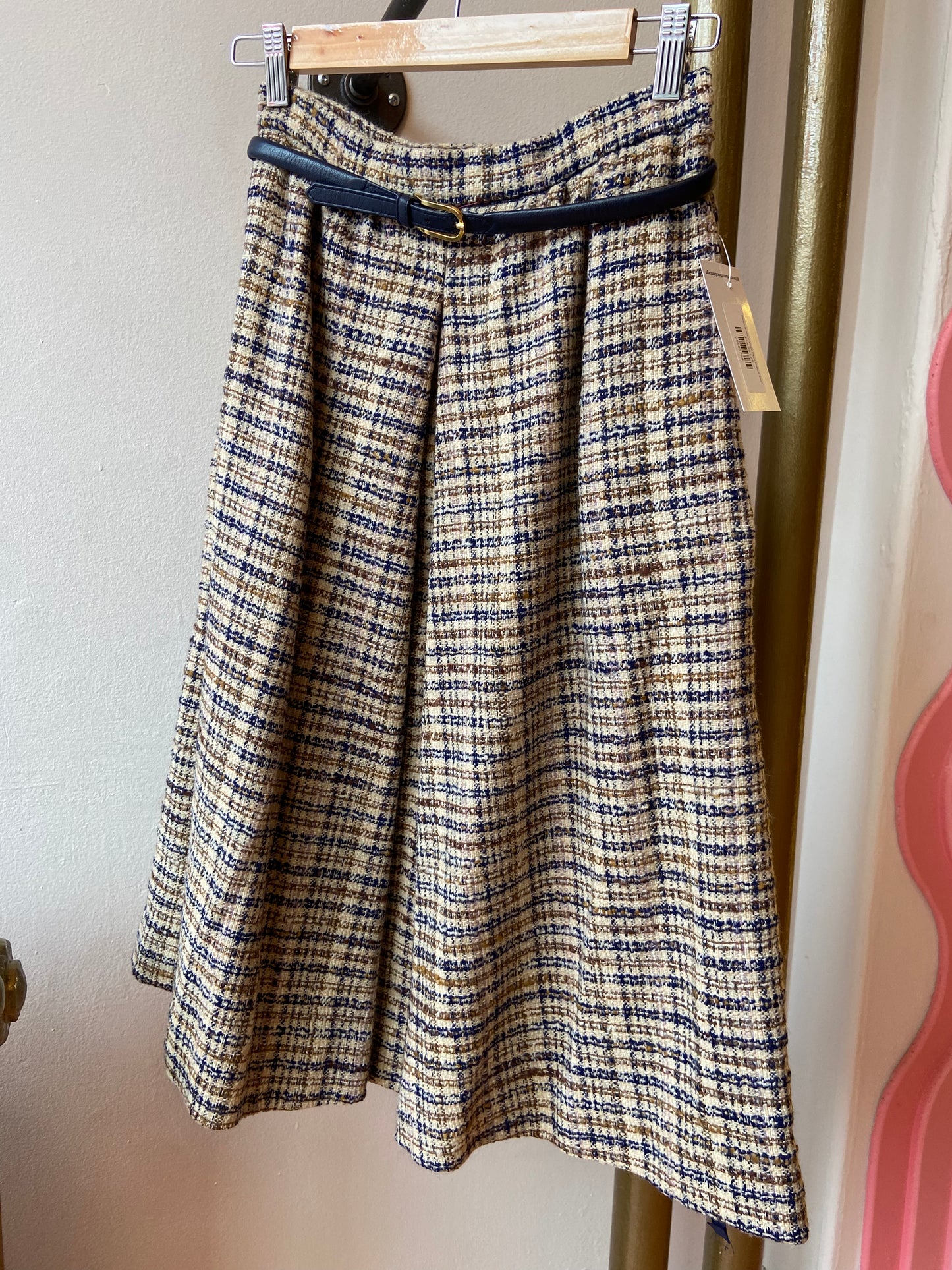Beige & Navy Wool Plaid Belted Skirt