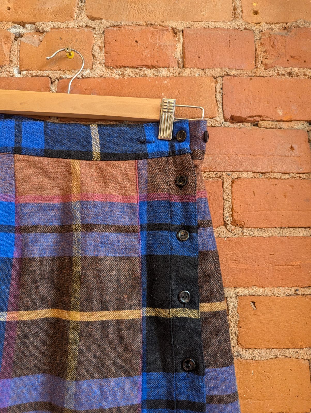 1980s Blue, Yellow, Pink and Brown Plaid Pleated Skirt