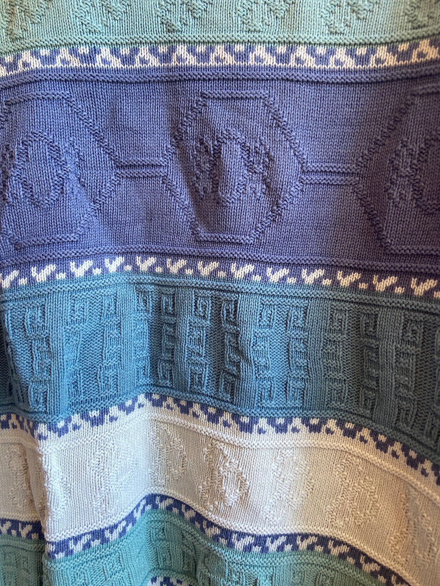 1980s Bosa Blue, Teal, Purple and White Geometric Patterned Cotton Sweater