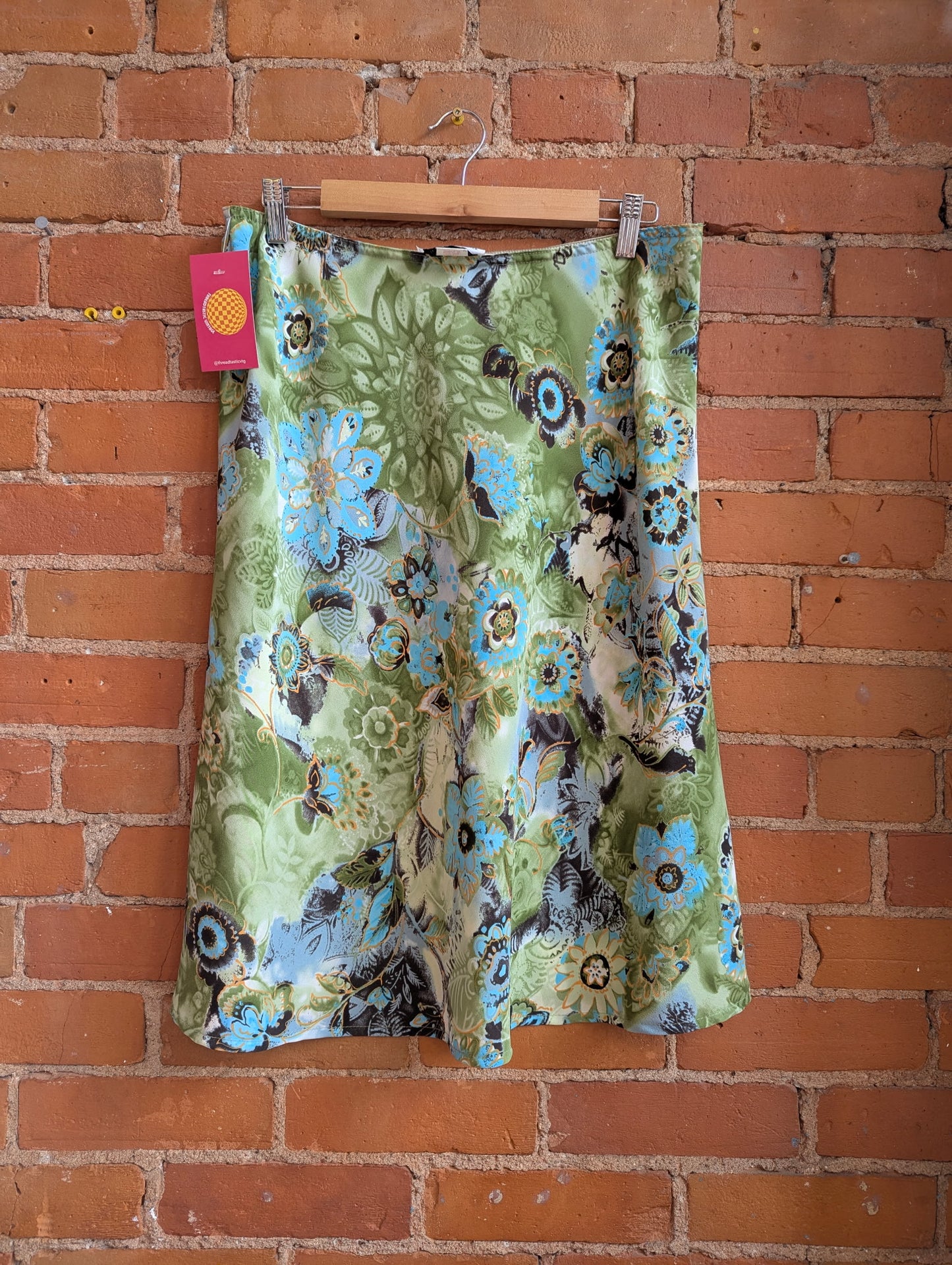 1990s Mandy Evans Green and Blue Floral Print Skirt