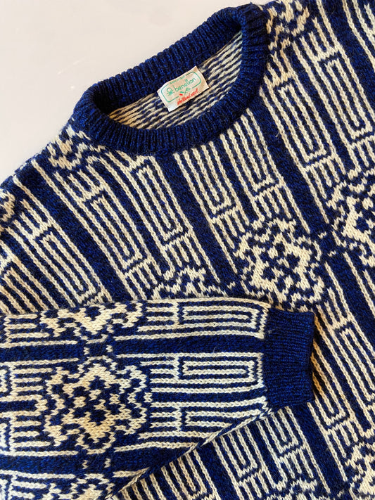 Benetton Blue & White Shetland Wool Sweater