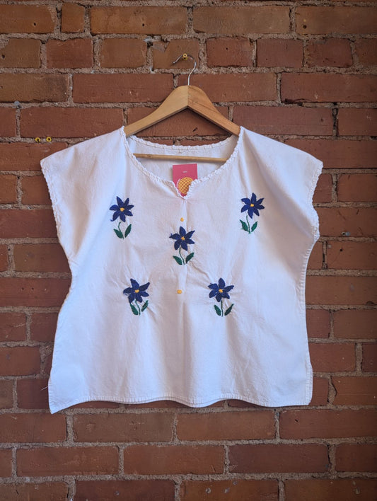 White Cotton V-Neck Blouse With Hand-Embroidered Blue and Yellow Flowers