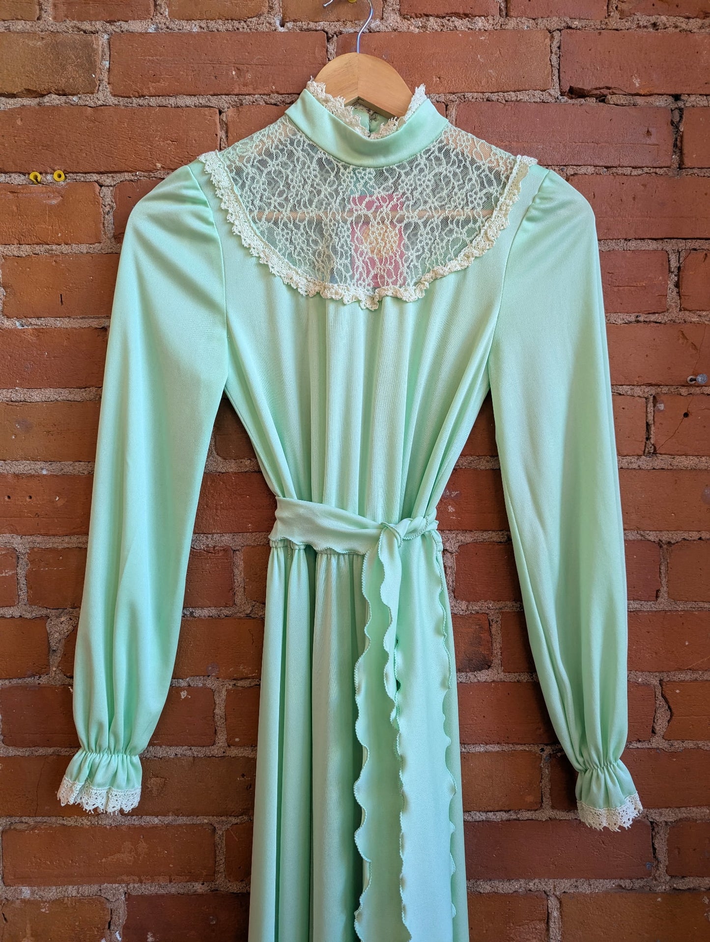 1970s Cathanne's Mint Green Prairie Style Maxi Dress With Ruffled Belt