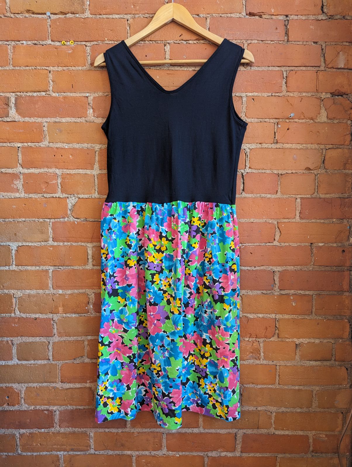 1980s Tank Dress With Black Button Front Bodice and Floral Skirt