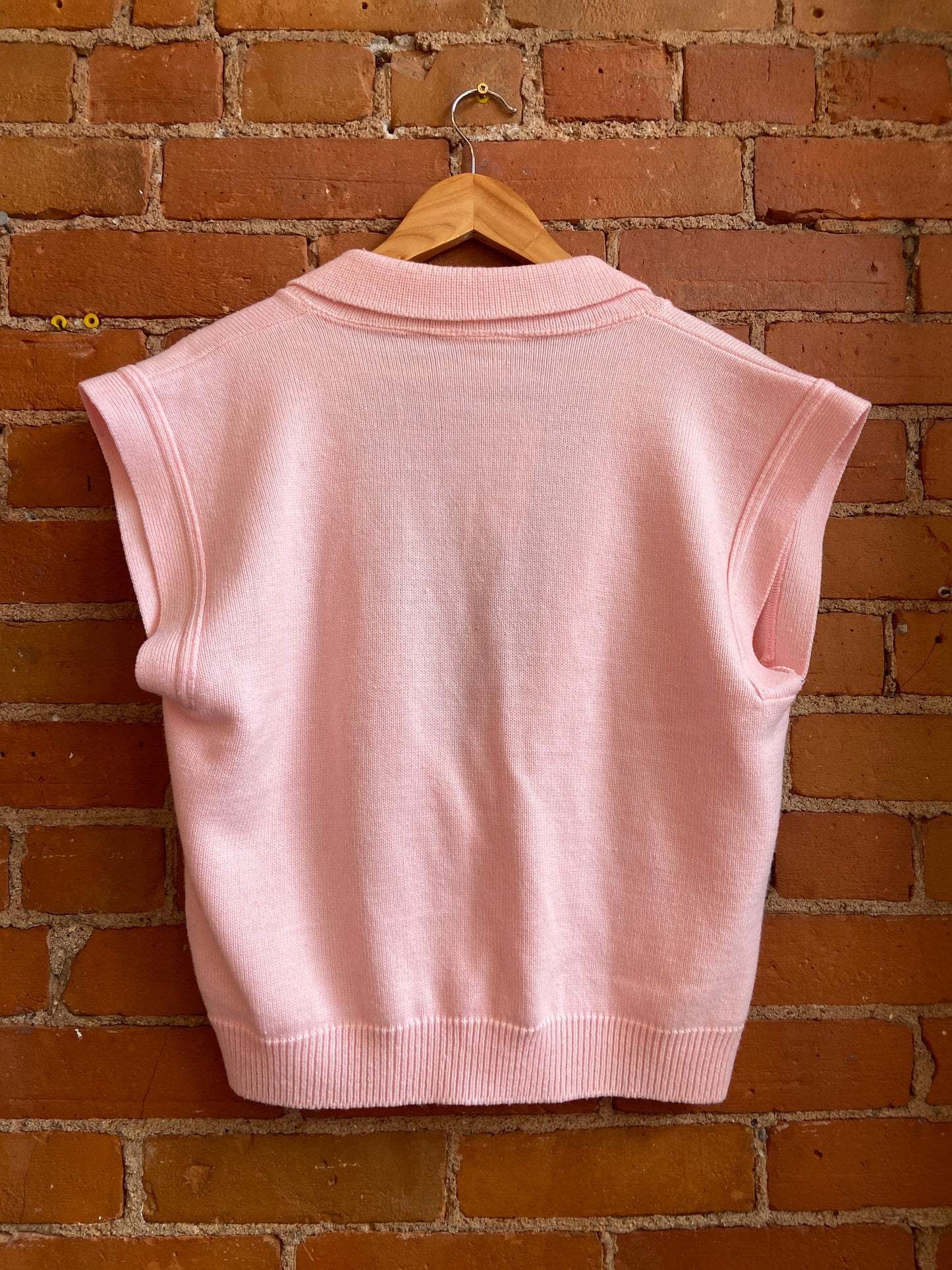 1980s Grace Knitting Baby Pink Shawl Collar Double Breasted Sweater Vest