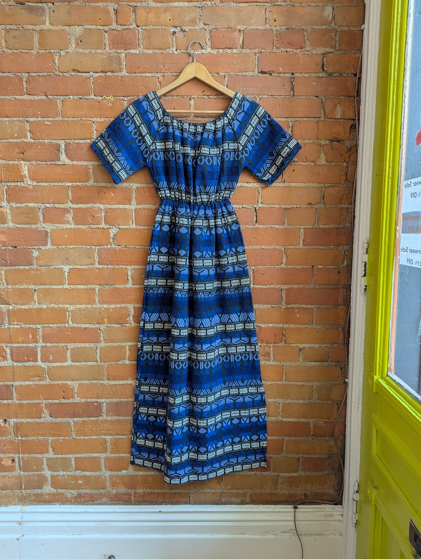 1970s Off the Shoulder Blue, Black and White Woven Dress