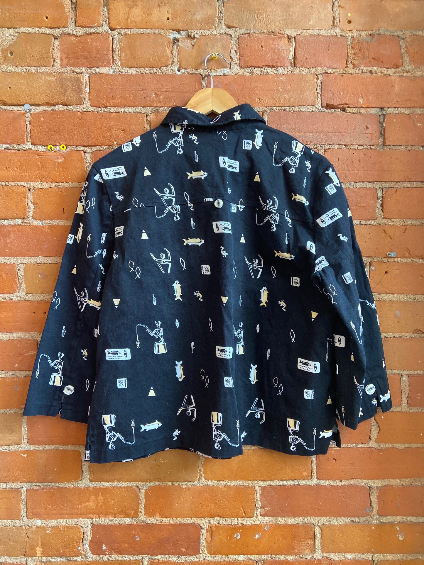 1990s Lana Lee Black Three-Quarter Sleeve Jacket With Abstract Fish Print