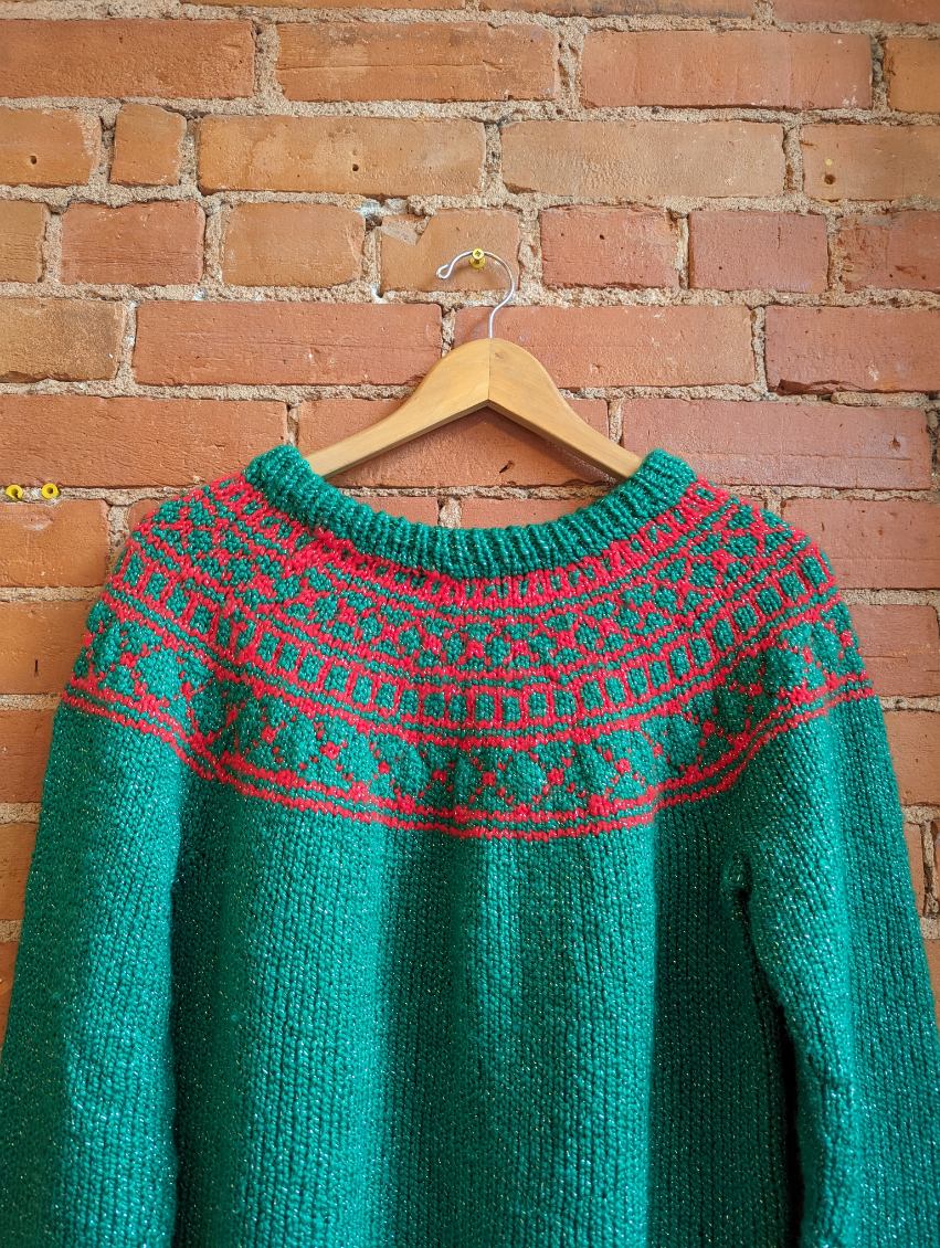 1980s Hand-Knit Red and Green Sweater With Silver Sparkle
