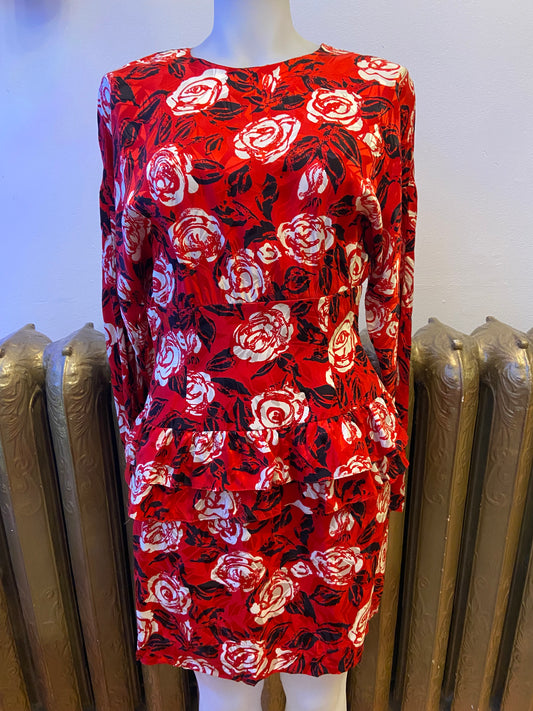 80's Red Silk Rose-Print Dress